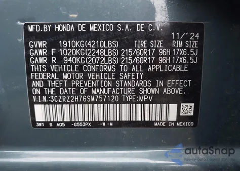 2025 Honda Hr-V Awd Ex-L z USA, uszkodzony, nr VIN 3CZRZ2H76SM757120